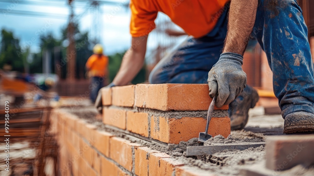 Close-Up of Worker Laying Bricks with Masonry Tools Close-Up of Worker Laying Bricks with Masonry Tools
