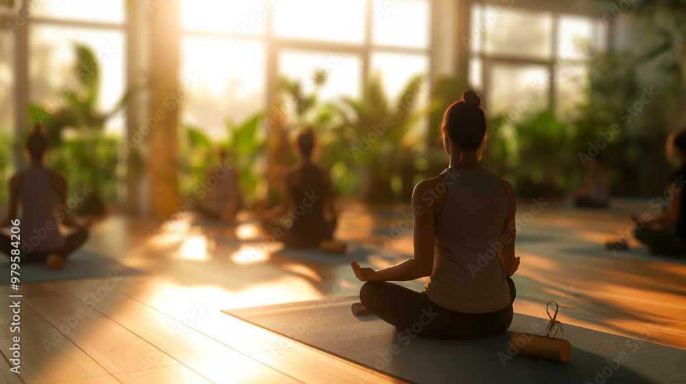 Group Yoga Class in Sunlit Studio with Participants Meditating Group Yoga Class in Sunlit Studio with Participants Meditating