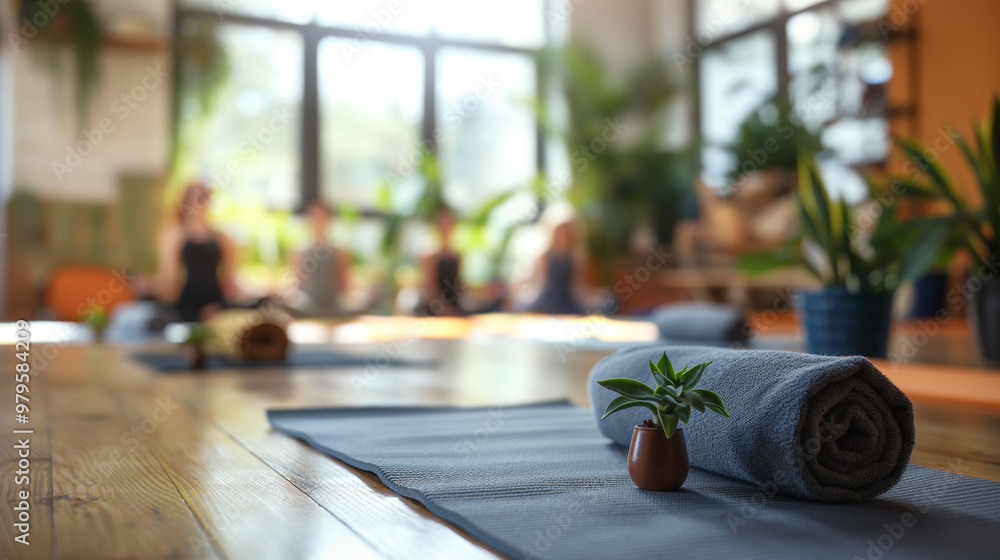 Yoga Studio with Rolled Towels and Plants in Focus, Blurred Participants Meditating Yoga Studio with Rolled Towels and Plants in Focus, Blurred Participants Meditating
