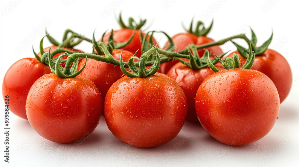 Cluster of fresh tomatoes on the vine with water droplets Cluster of fresh tomatoes on the vine with water droplets