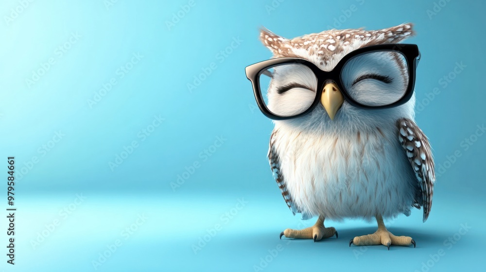 Fototapeta premium Playful owl cartoon character winking, wearing glasses, isolated on a pastel blue background.