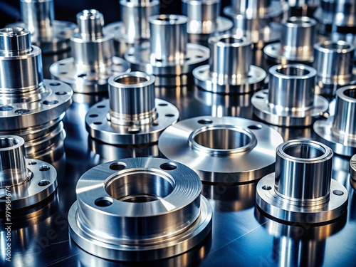 High-precision CNC machined metal parts, polished to a mirror finish, arranged in a batch on a dark industrial background, showcasing exacting manufacturing standards.