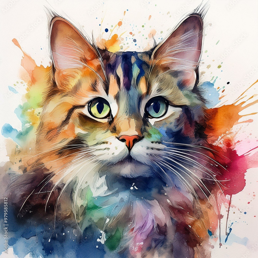 Φωτογραφία Watercolor of a cute cat isolated on a white background with splash of colors an