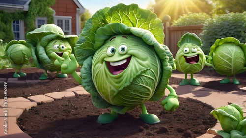 The cabbage characters are scattered throughout the garden, interacting with one another and the environment. Cabbage Carl could be rolling around joyfully in the garden bed. photo