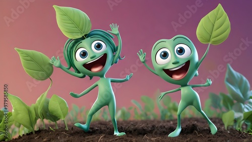 The characters have exaggerated, cartoony faces with large eyes, wide smiles, and funny poses. Leafy Lou could be looking sassy, while Sprouty Sue is full of joy and energy, waving her leafy arms. photo