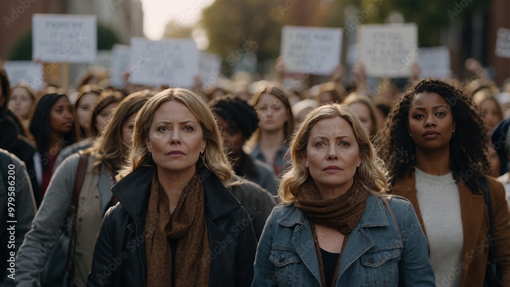 Group of women marching in a peaceful protest holding signs Group of women marching in a peaceful protest holding signs