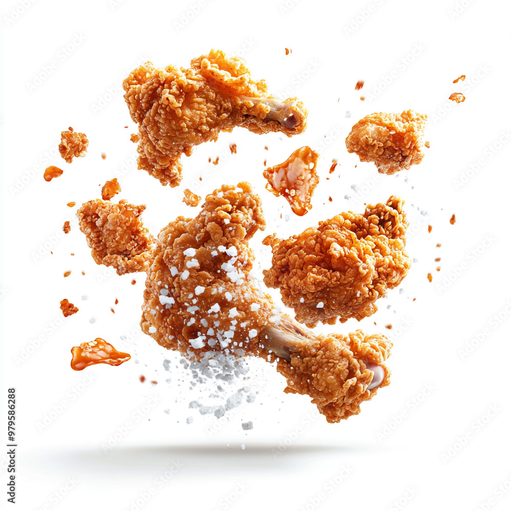 Few pieces of fried chicken with salt and pepper falling through the air. The chicken is crispy and golden brown. Few pieces of fried chicken with salt and pepper falling through the air. The chicken is crispy and golden brown.