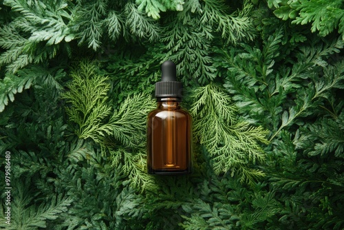 cedar oil and leaves create an aromatherapy banner for natural remedies, promoting wellness and relaxation photo