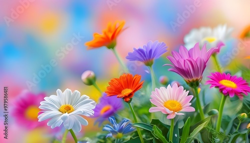 Vibrant spring flower garden with a variety of colorful blooms set against a soft, dreamy blurred background