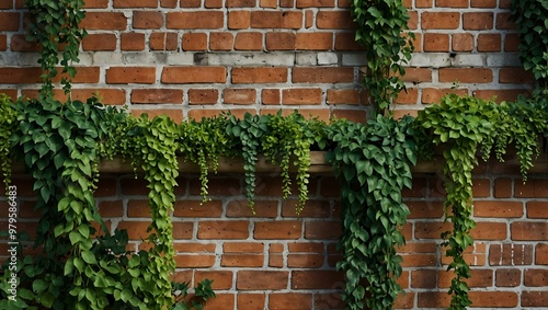 Creepers curling over a textured brick wall.