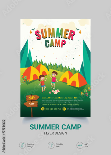 School kids summer camp flyer design template, Childrens tourism flyer, Holiday flyer 