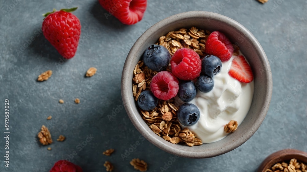 Healthy breakfast with yogurt granola and fresh berries Healthy breakfast with yogurt granola and fresh berries