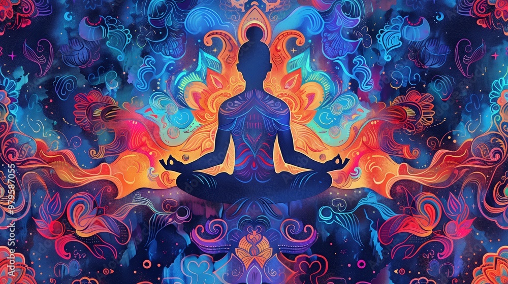 Digital art style of abstract yoga concept spiritual and universe energy, yoga illustration in vivid colours, abstract colourful illustration, psychedelic illustration, vibrant painting style Digital art style of abstract yoga concept spiritual and universe energy, yoga illustration in vivid colours, abstract colourful illustration, psychedelic illustration, vibrant painting style