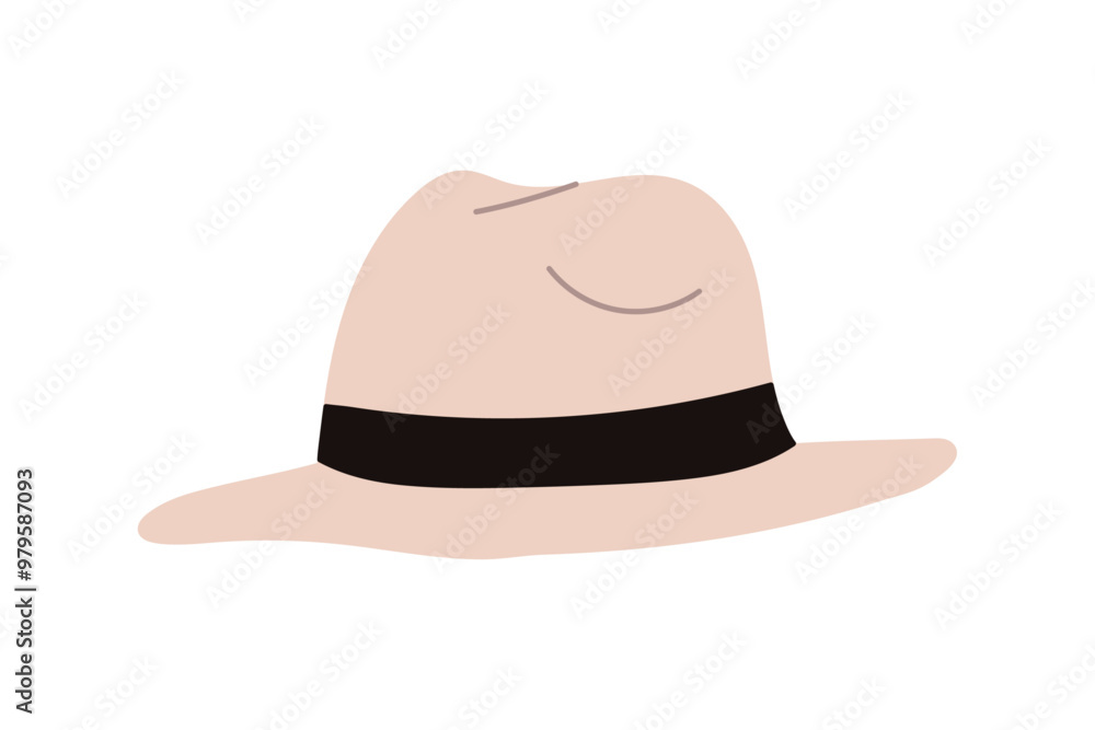 Classic men's brimmed felt hat, formal fashion accessory, headwear, victorian head wearing, vintage retro hat, stylish headdress decorated with ribbon on white background flat vector illustration. Classic men's brimmed felt hat, formal fashion accessory, headwear, victorian head wearing, vintage retro hat, stylish headdress decorated with ribbon on white background flat vector illustration.