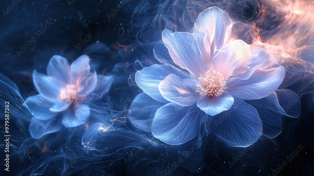 Ethereal flowers floating in space, their petals trailing softly, create mesmerizing and dreamlike atmosphere. delicate beauty of these blooms captivates imagination Ethereal flowers floating in space, their petals trailing softly, create mesmerizing and dreamlike atmosphere. delicate beauty of these blooms captivates imagination