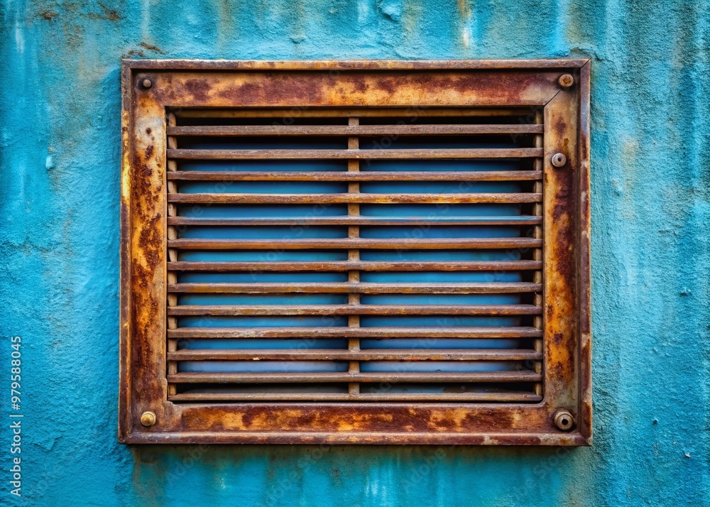 Industrial metal ventilation grille with rusty iron bars and grunge grid lines against a soothing blue background, evoking a sense of industrial functionality. Industrial metal ventilation grille with rusty iron bars and grunge grid lines against a soothing blue background, evoking a sense of industrial functionality.