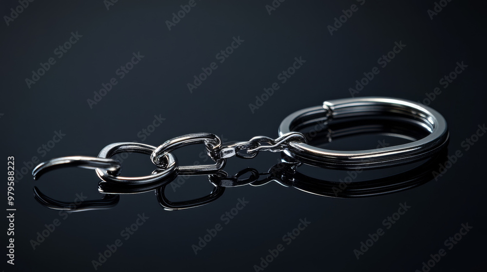 Obraz premium A shiny metal keychain chain, photographed against a black backdrop, showing a reflection.