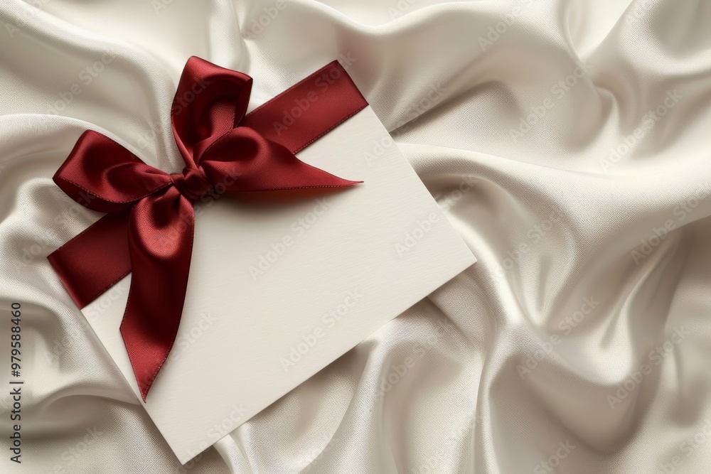 Elegant White Paper Card with Luxurious Red Satin Bow for Holiday Greetings and Celebrations Elegant White Paper Card with Luxurious Red Satin Bow for Holiday Greetings and Celebrations