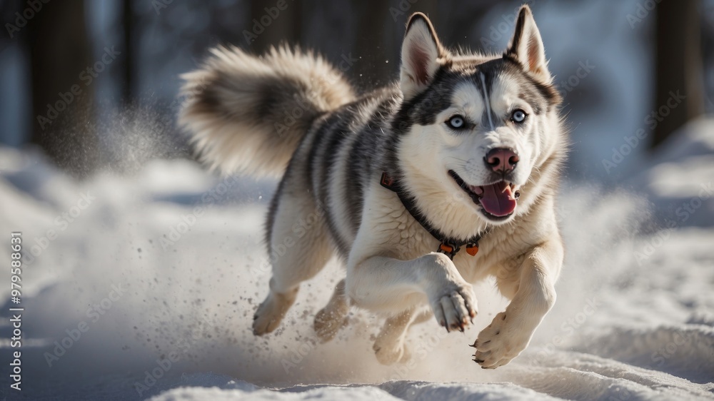 Husky running at full speed with flowing fur Husky running at full speed with flowing fur
