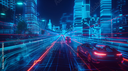 Futuristic cars speeding through a neon-lit city with digital overlays and network grids.