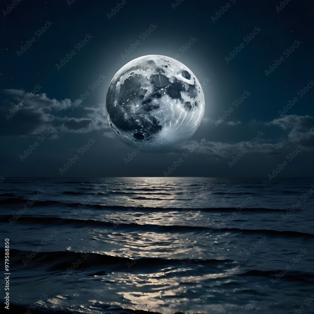 A monumental, gleaming full moon, with every crater and texture meticulously rendered, hangs low in a serene night sky A monumental, gleaming full moon, with every crater and texture meticulously rendered, hangs low in a serene night sky
