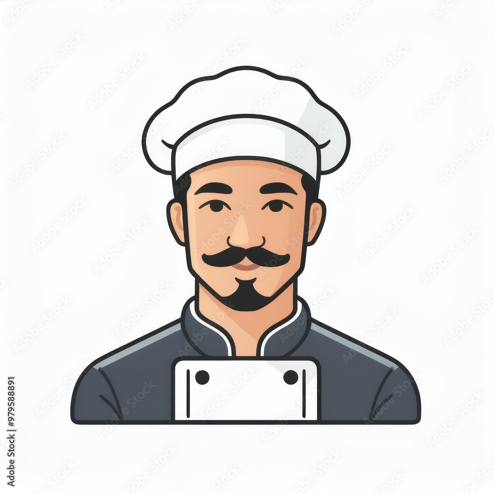 Charming Cartoon Chef Icon with Signature Mustache and Classic White Hat, Wearing a Professional Chef’s Uniform with a Confident Smile - Ideal for Culinary Branding, Menus, or Food Service Designs Charming Cartoon Chef Icon with Signature Mustache and Classic White Hat, Wearing a Professional Chef’s Uniform with a Confident Smile - Ideal for Culinary Branding, Menus, or Food Service Designs