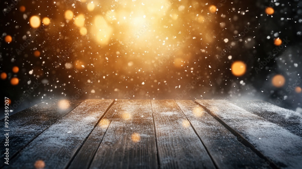 Banner Of Wooden Plank Table With Sparkling Snow And Brilliant Explosion Background - Winter with generative ai Banner Of Wooden Plank Table With Sparkling Snow And Brilliant Explosion Background - Winter with generative ai