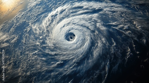 Super typhoon, tropical storm, cyclone, hurricane, tornado, over ocean. Weather background. Typhoon, storm, windstorm, superstorm view from space. photo