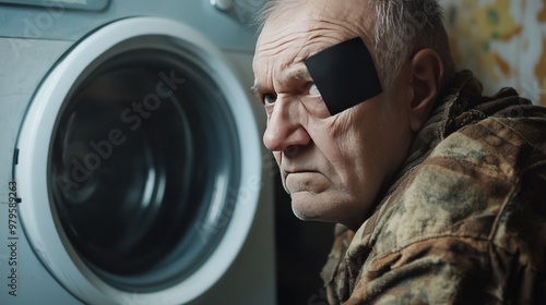 Veteran transports and sets up new washing machine. photo