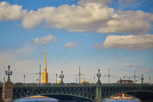 Scenic view of Peter and Paul fortress over the blue sky in Saint-Petersburg, Russia.