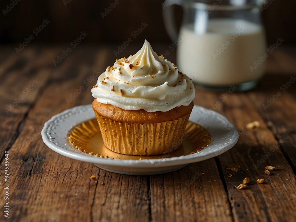 Cupcake with golden base and whipped cream on a wooden surface. Cupcake with golden base and whipped cream on a wooden surface.