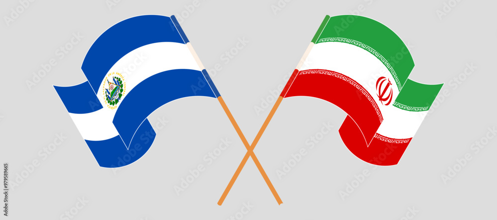 Crossed and waving flags of Republic of El Salvador and Iran. Vector illustration Crossed and waving flags of Republic of El Salvador and Iran. Vector illustration