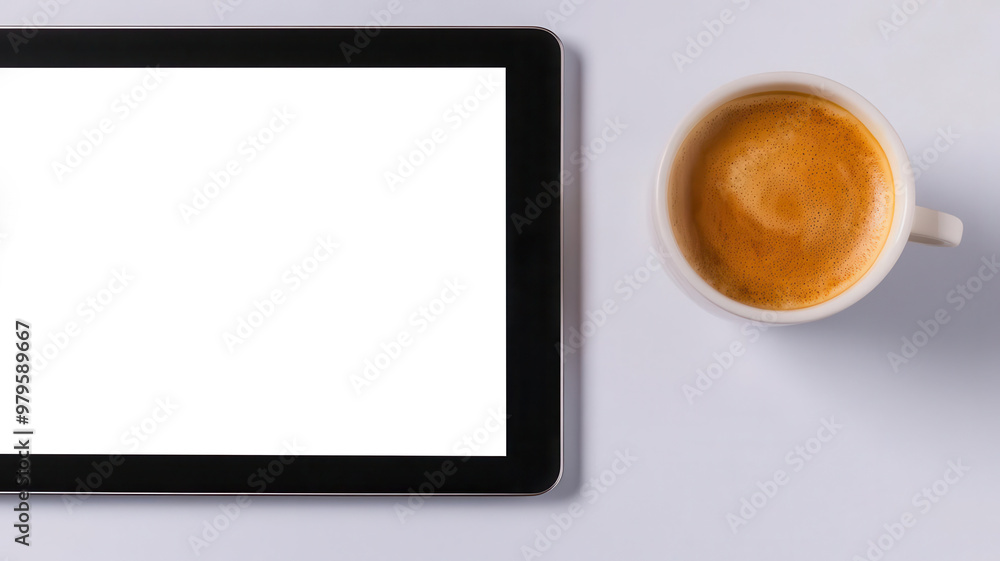 Business plan on a tablet screen with a coffee cup nearby, digital business planning Business plan on a tablet screen with a coffee cup nearby, digital business planning