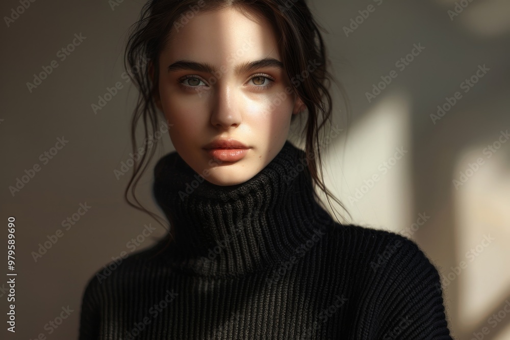 Elegant Woman in Black Turtleneck Sweater in Minimalist Setting Elegant Woman in Black Turtleneck Sweater in Minimalist Setting