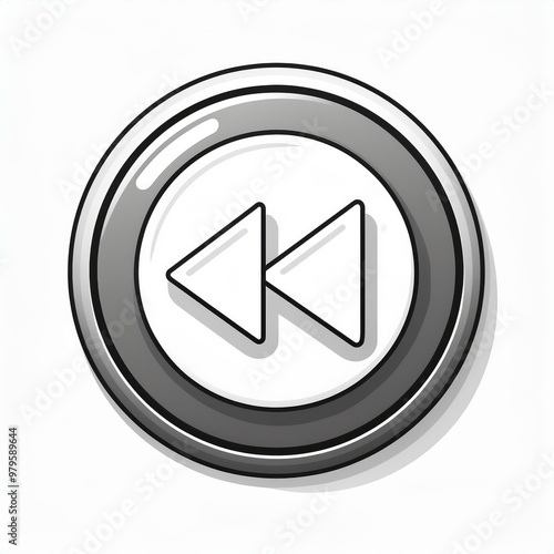 Minimalist Black and White Rewind Button Icon in Circular Design with Drop Shadow on Clean White Background Vector Logo Icon Png