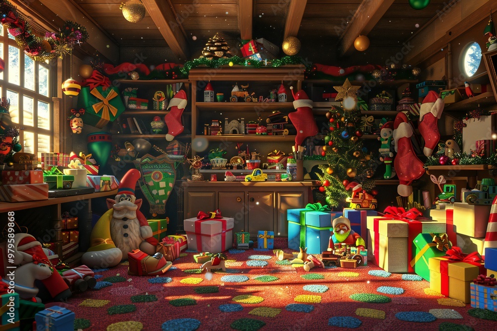Fototapeta premium Whimsical 3D render of Santa’s workshop with colorful toys, gift wrap, and elves busy at work, created by ai