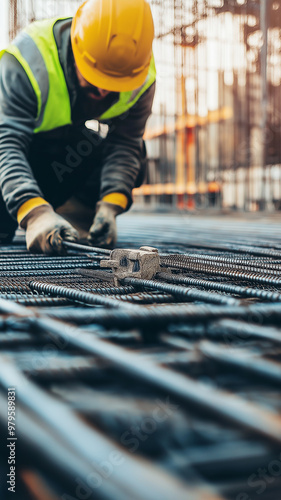 Construction Worker Handling Rebar on Site