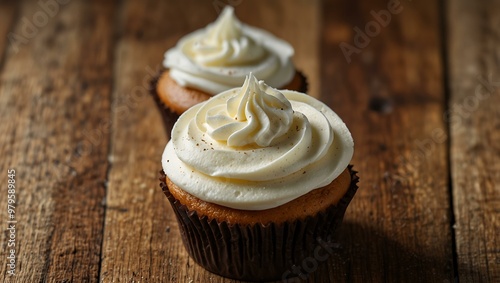 Cupcake with golden-brown base and whipped cream frosting on wood.