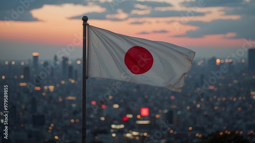 Japanese flag billowing against a scenic landscape photo