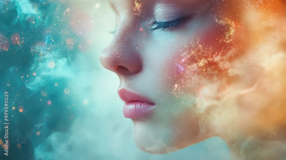 Close-up portrait, face dissolving into particles of light, abstract concept of fading identity, soft pastel tones. Close-up portrait, face dissolving into particles of light, abstract concept of fading identity, soft pastel tones.