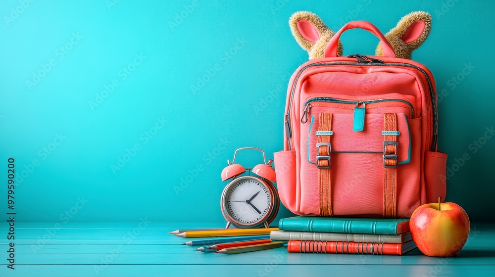 Bright school backpack with alarm clock and school supplies creates a cozy school atmosphere Bright school backpack with alarm clock and school supplies creates a cozy school atmosphere