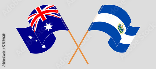 Crossed and waving flags of Australia and Republic of El Salvador. Vector illustration