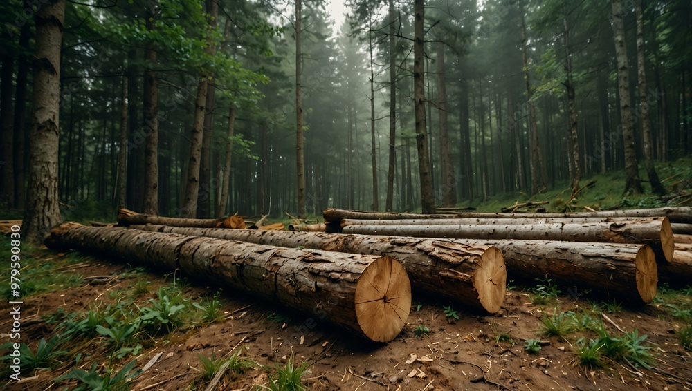 Cut tree trunks on a mountain clearing in the Beskids. Cut tree trunks on a mountain clearing in the Beskids.