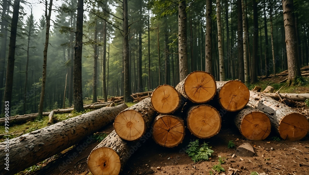 Cut tree trunks on a mountain clearing in the Beskids. Cut tree trunks on a mountain clearing in the Beskids.