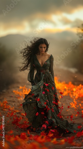 Autumn mood image of woman in long dress and fallen leaves around