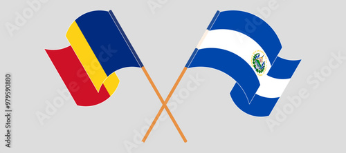 Crossed and waving flags of Romania and Republic of El Salvador. Vector illustration