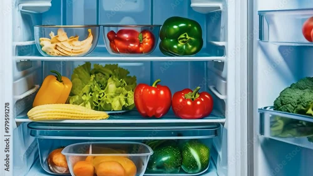 Open Refrigerator Filled with Fresh Fruits and Vegetables Open Refrigerator Filled with Fresh Fruits and Vegetables