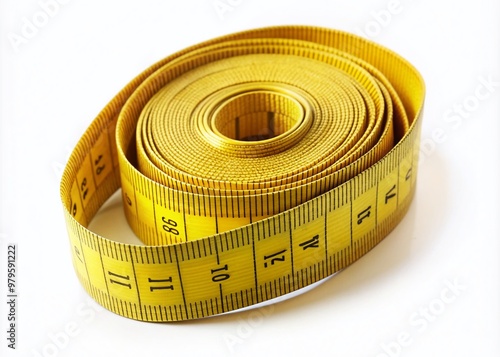 Isolated yellow tape measure coils on a clean white background, its flexible ruler awaiting measurement of objects with precision and accuracy.