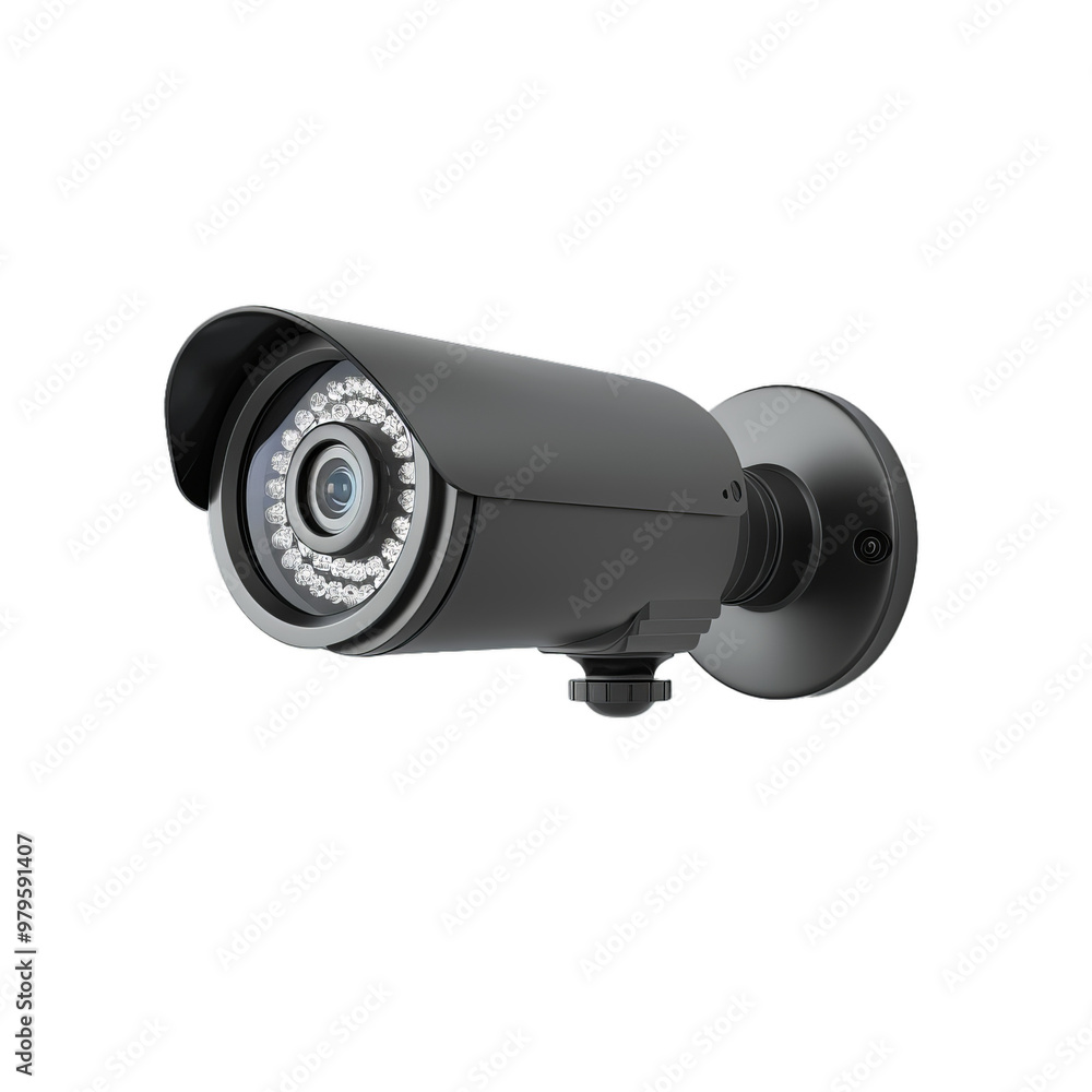 Black security camera is mounted on a wall, providing surveillance and ensuring the safety of a location Black security camera is mounted on a wall, providing surveillance and ensuring the safety of a location