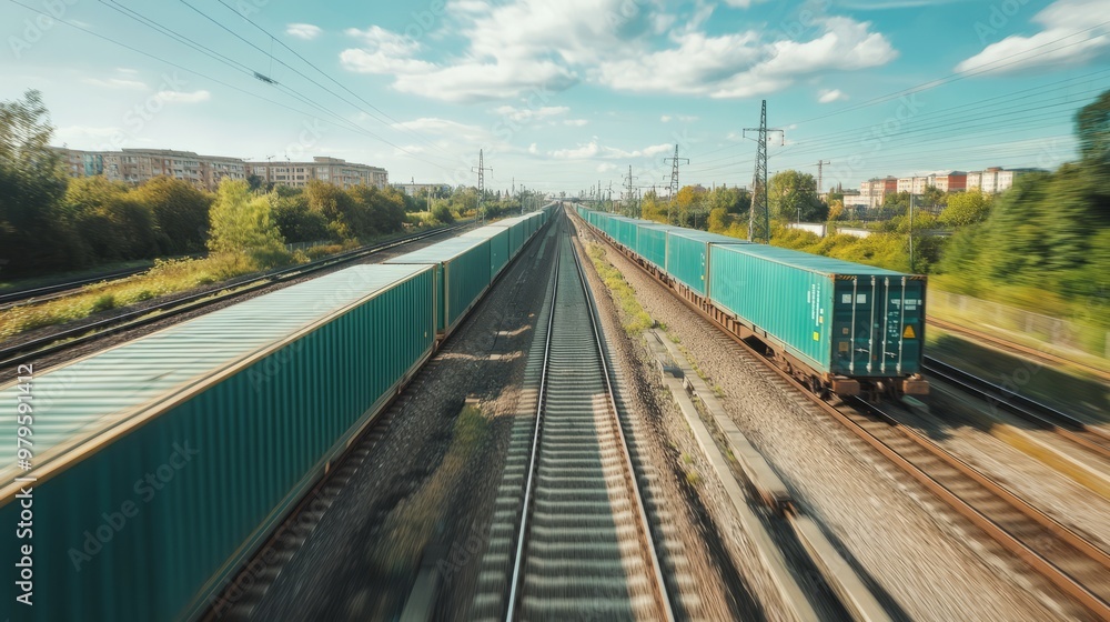 Naklejka premium Container freight train. Highspeed cargo train passes over the rails